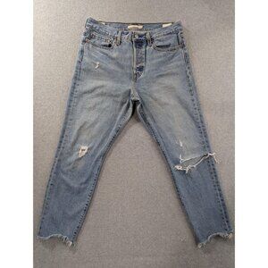 Levis Wedgie Straight Jeans Womens 31 Light Wash High Rise Distressed Raw Hem